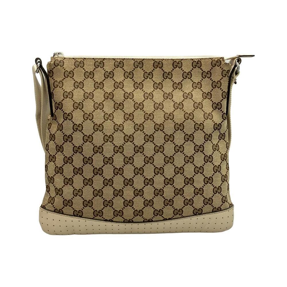 Gucci Perforated Bag Tan Leather Shoulder White GG Canvas